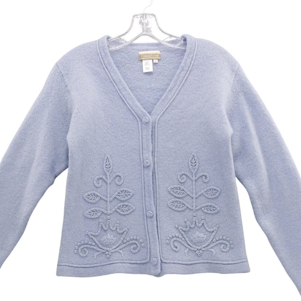 Coldwater Creek Wool Cardigan Sweater Womens Small Blue‎ Embroidered